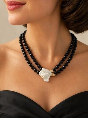 Kenneth Jay Lane Black Bead vintage white Rose necklace